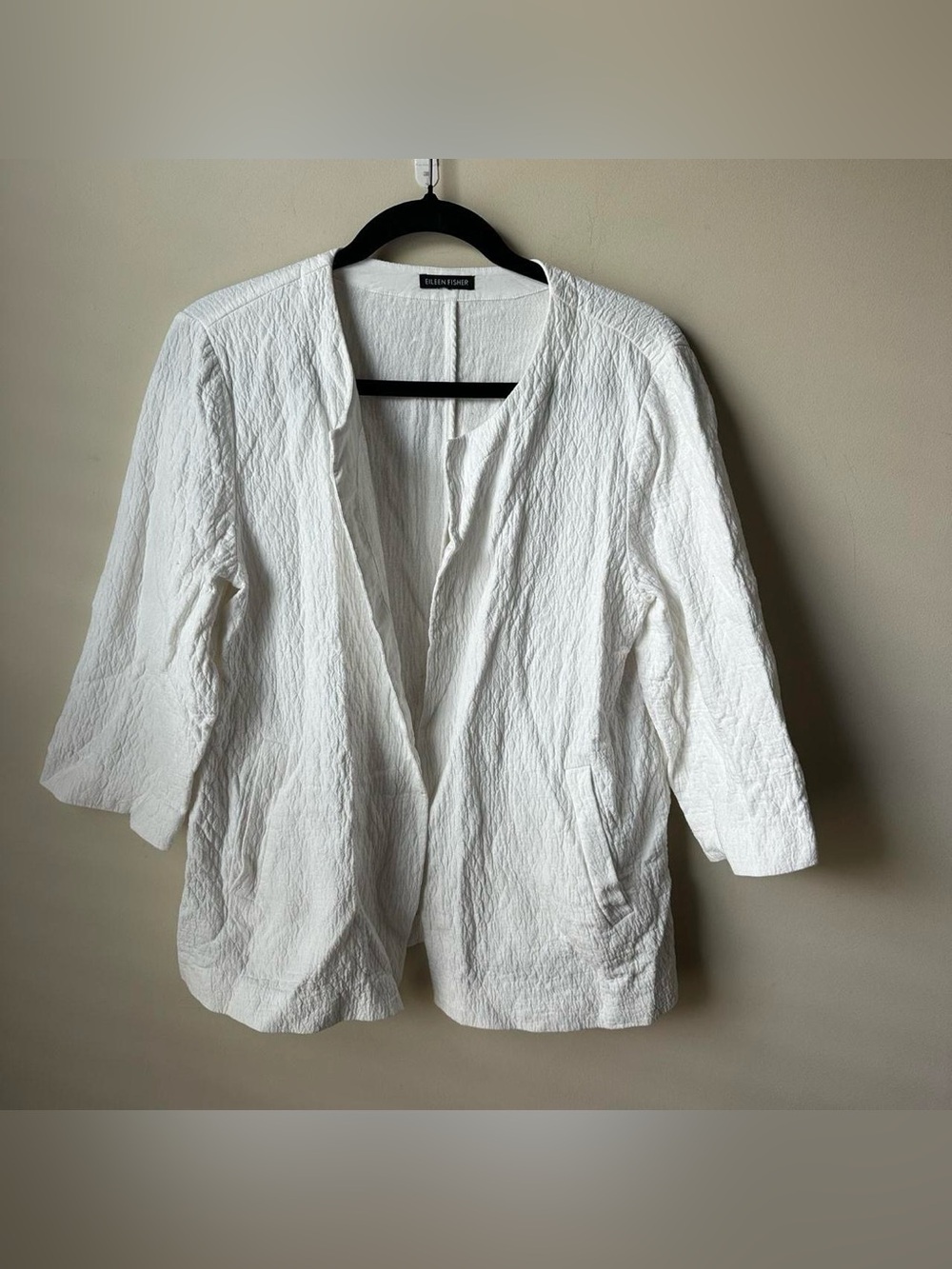 Eileen Fisher Jacket White Organic Cotton Rayon Pucker Open Front 3/4 Sleeve L